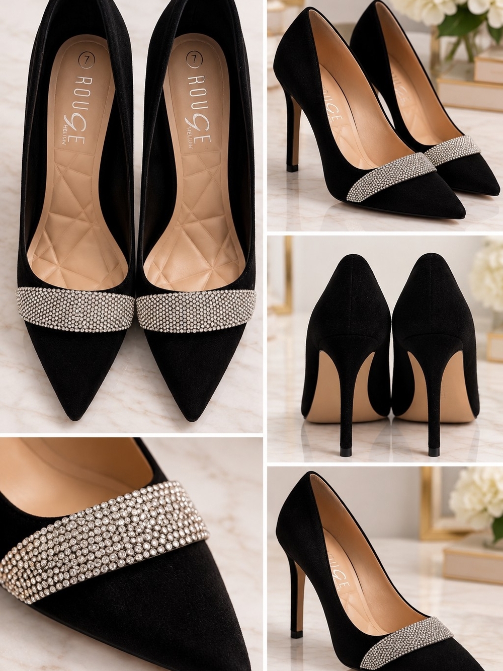 Rouge Helium Black Crystal-Trim Pointed Toe Stilettos
